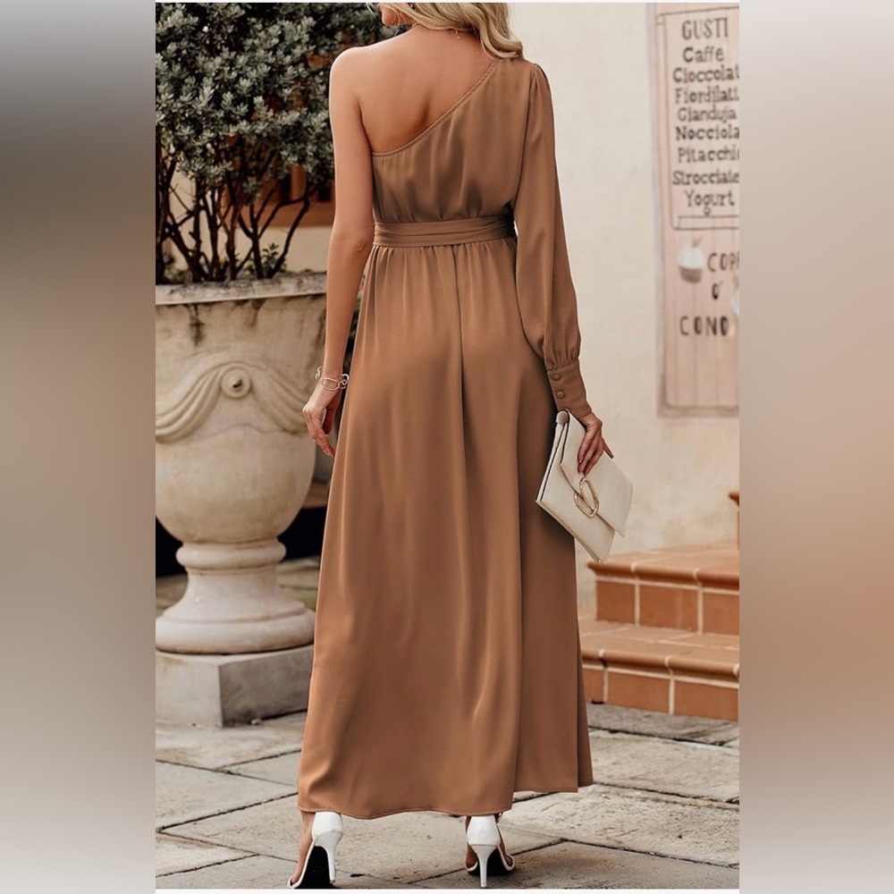 NEW Kirundo M Brown Asymetrical Long Sleeve One Shoulder Silky Maxi Dress - Picture 2 of 6
